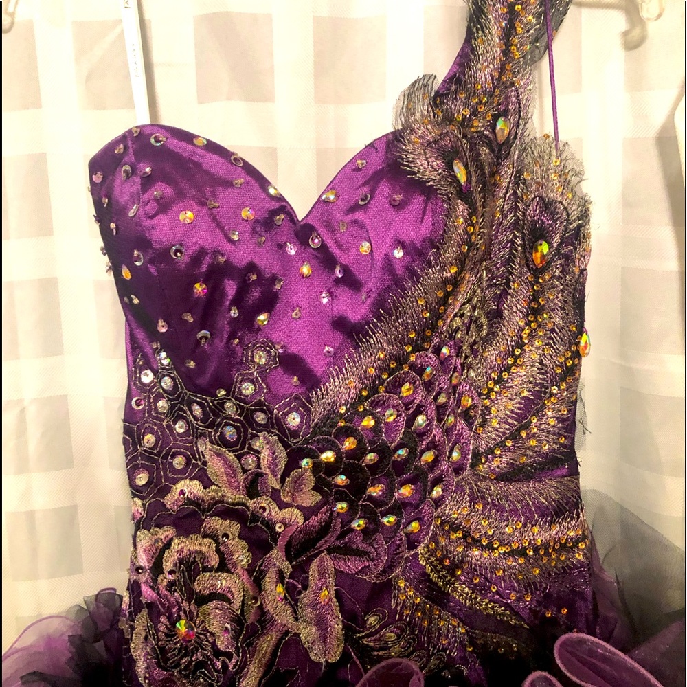 Panoply Purple Peacock Strapless Gown | Rhinestone & Embroidered Floral | Ruffle
